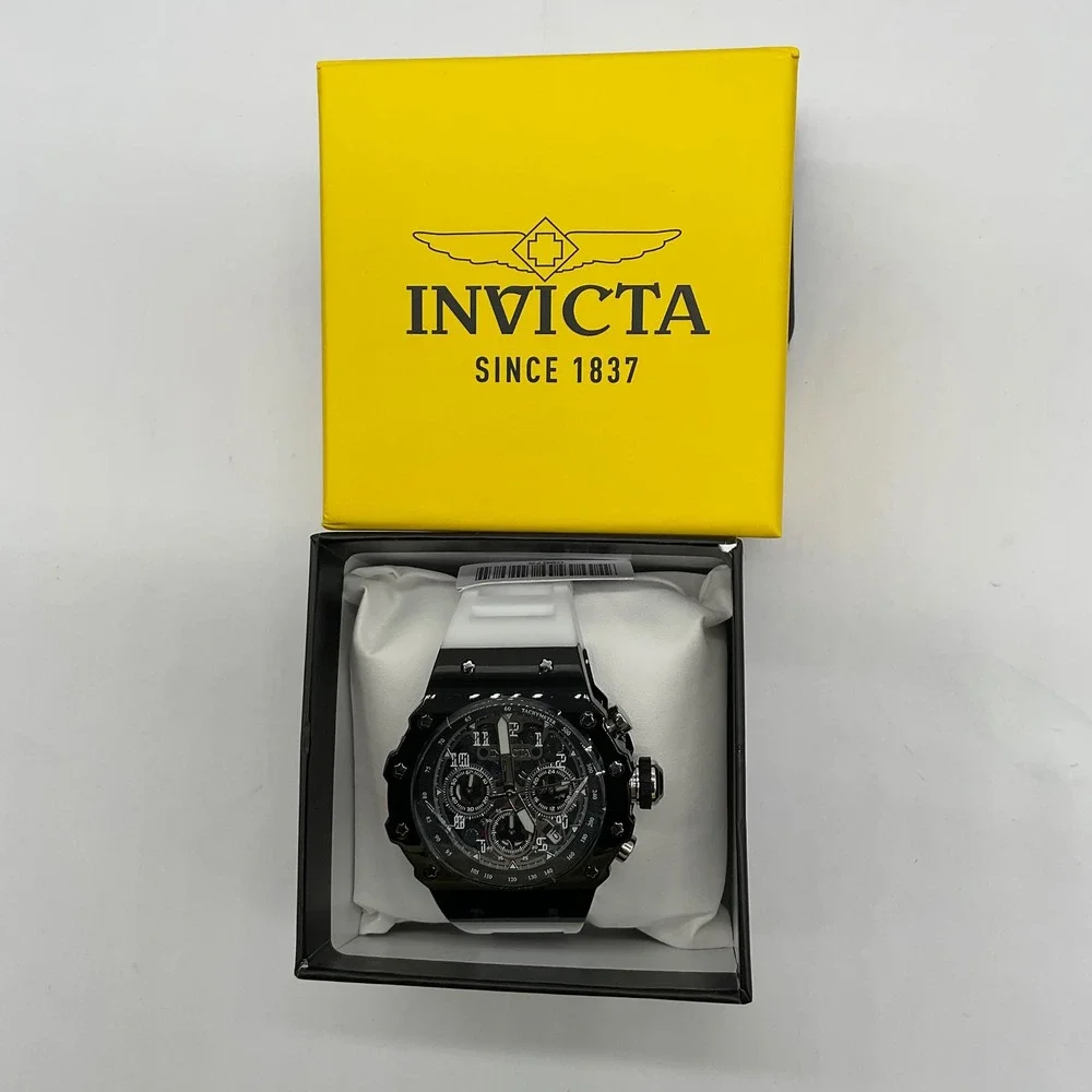 Invicta Racing Vaulthan Mens Watch 44mm Black Case White Silicone Strap New